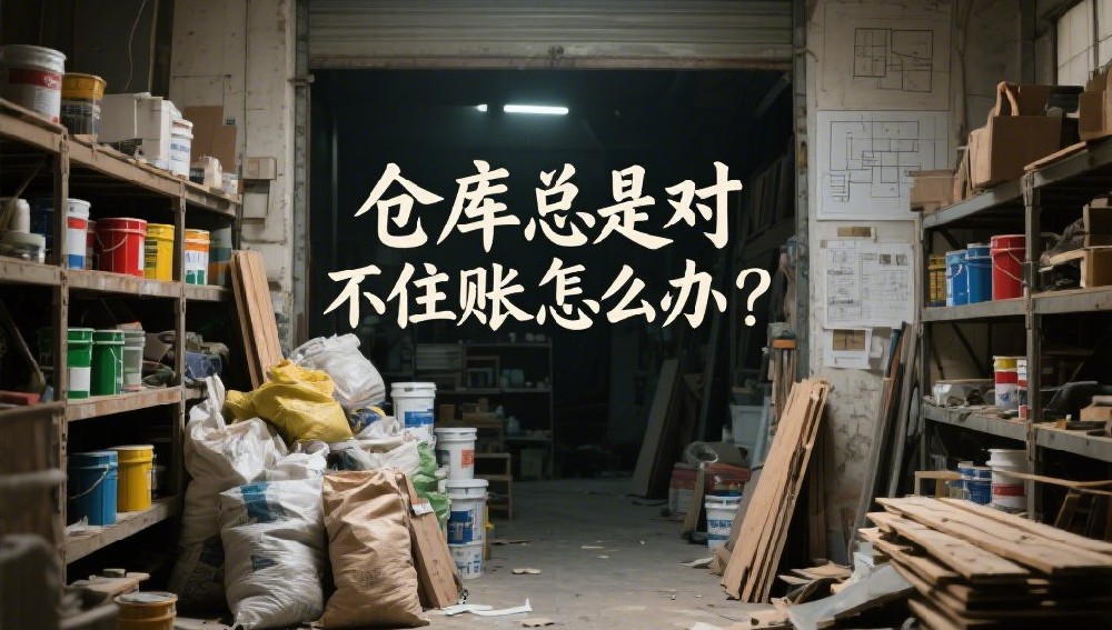 装修材料仓库，乱糟糟，出入库流程繁琐，标题用艺术字体写“仓库总是对不住账怎么办？”管理人员对账对不住，挠头，_看图王.jpeg